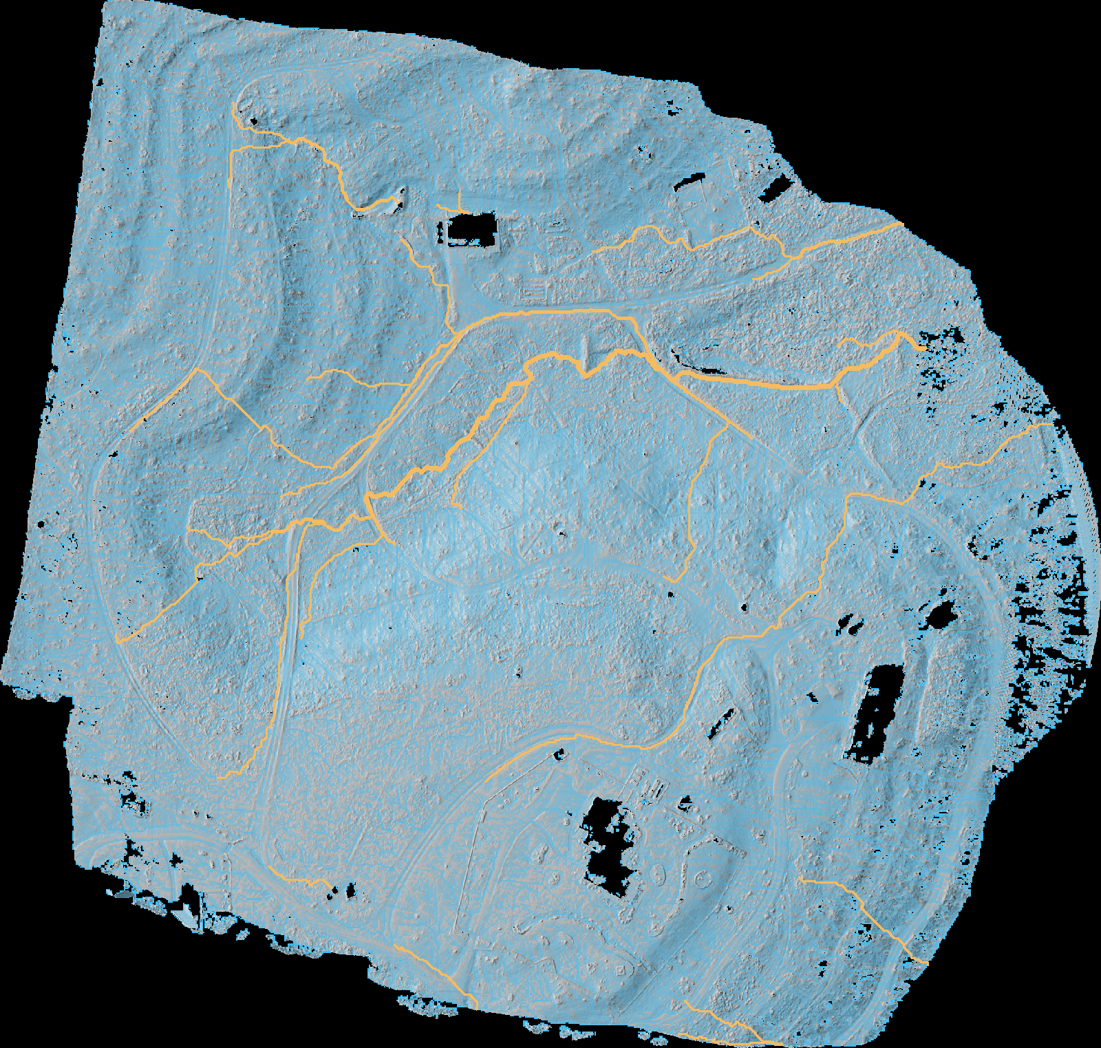Modeled drainage network and flow accumulation over ranch terrain