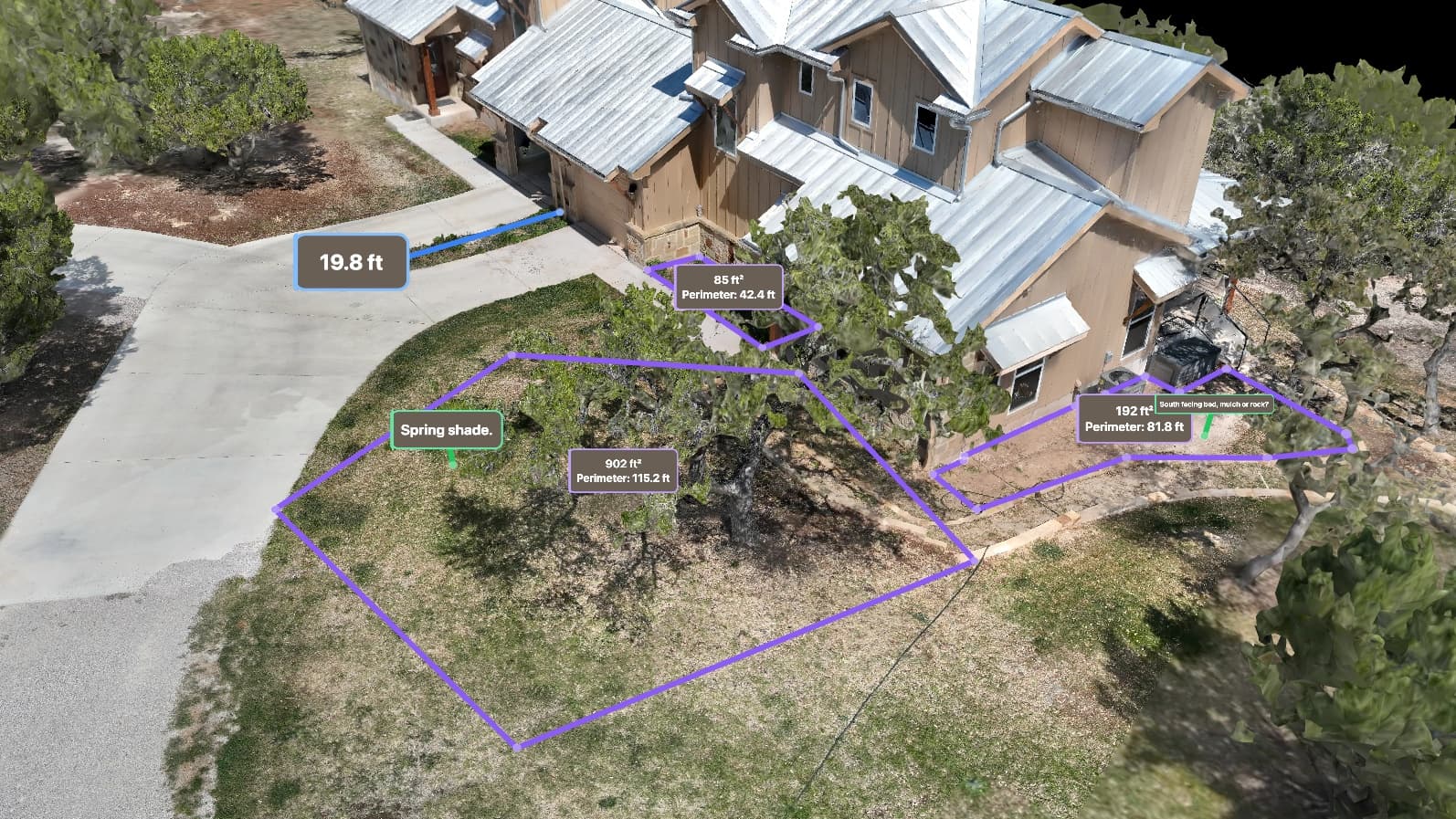 Aerial map of a site with a measured, annotated layout