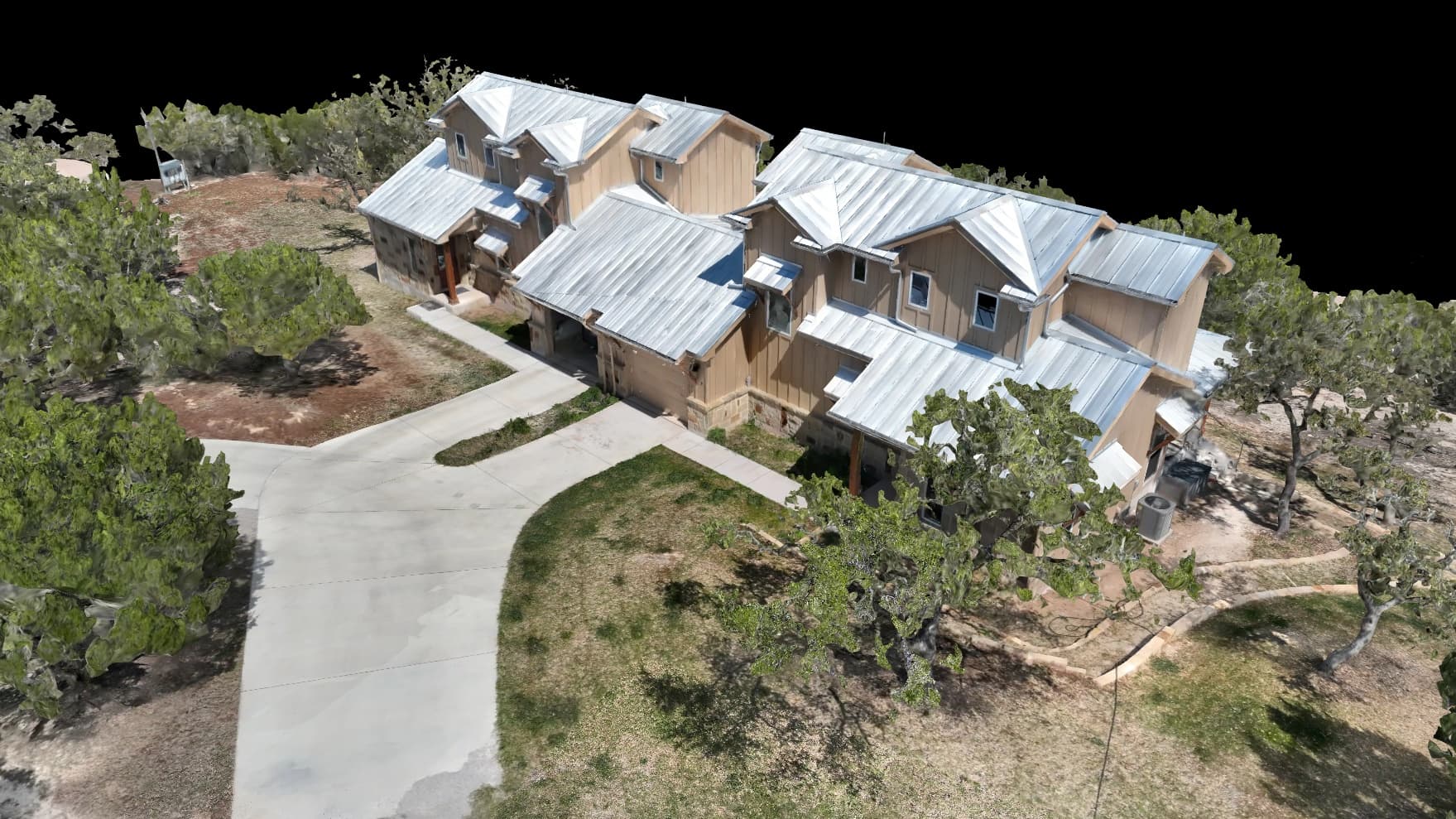 Photoreal 3D model of a custom home and its site captured from the air