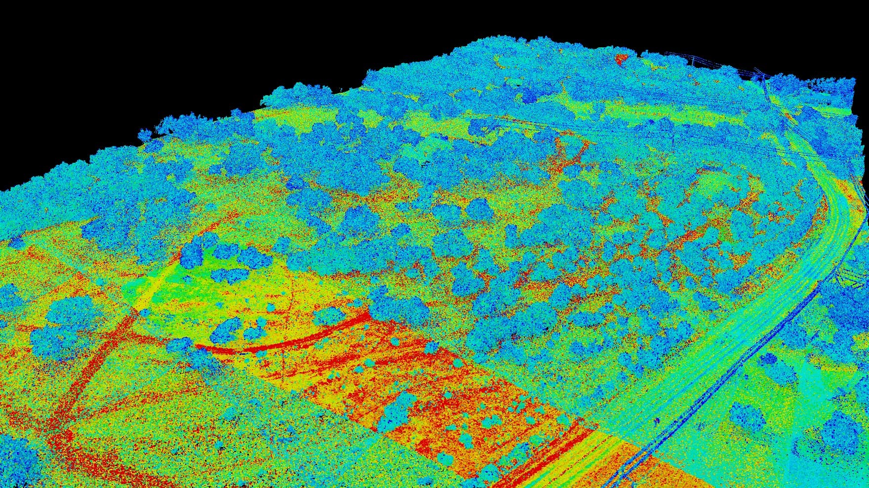 3D scan with ground, plants, and buildings sorted into separate layers