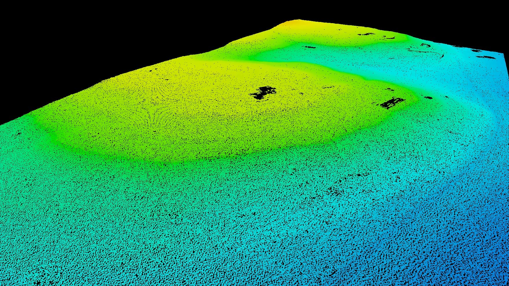 Color-by-elevation 3D scan of a site used for volume and airspace measurement