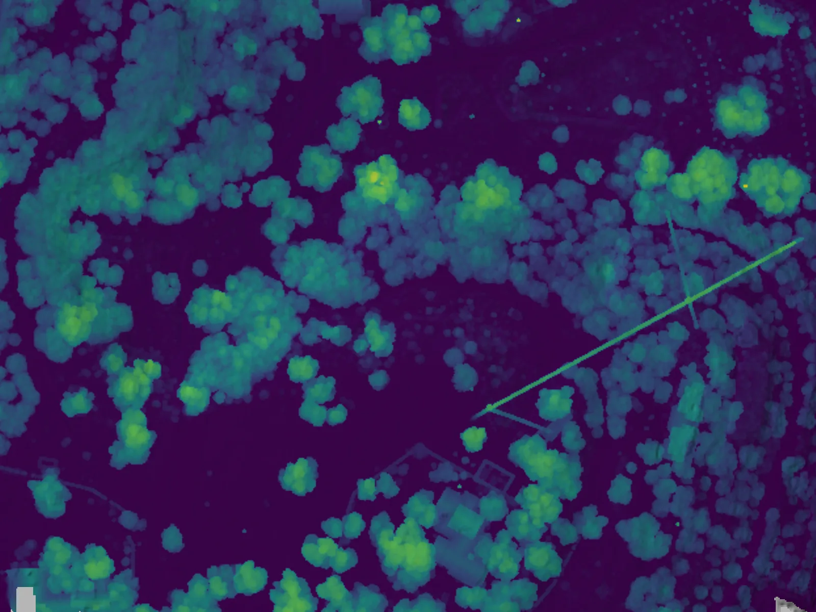 Canopy height on the showcase ranch — dark at ground level, yellow at the tallest crowns — from the July 2026 LiDAR scan, 0–15 m.