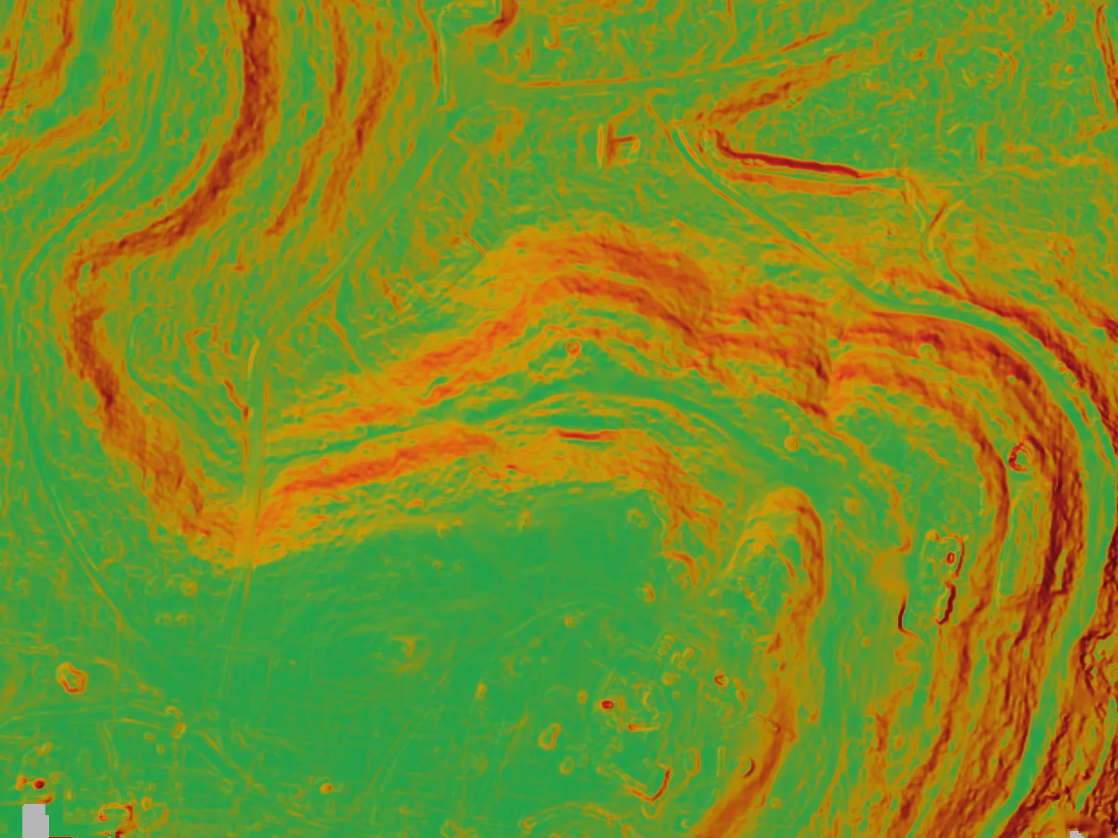 Slope on the showcase ranch in the viewer's own ramp — green gentle, red steep — from the July 2026 LiDAR ground, 0–45°.
